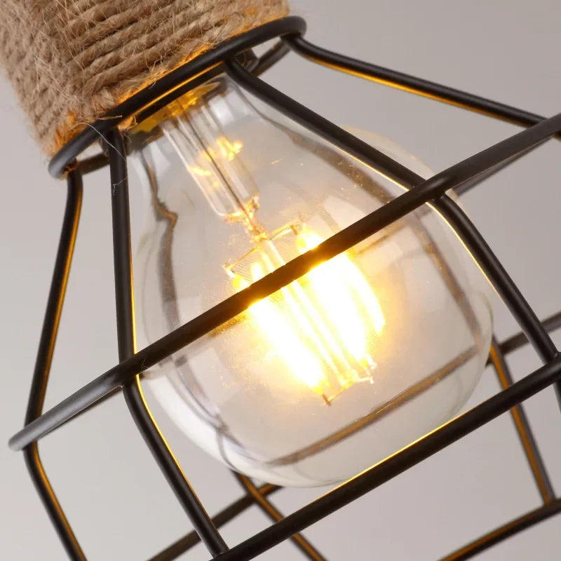 Vintage Hemp Rope Iron Pendant Light in Black
