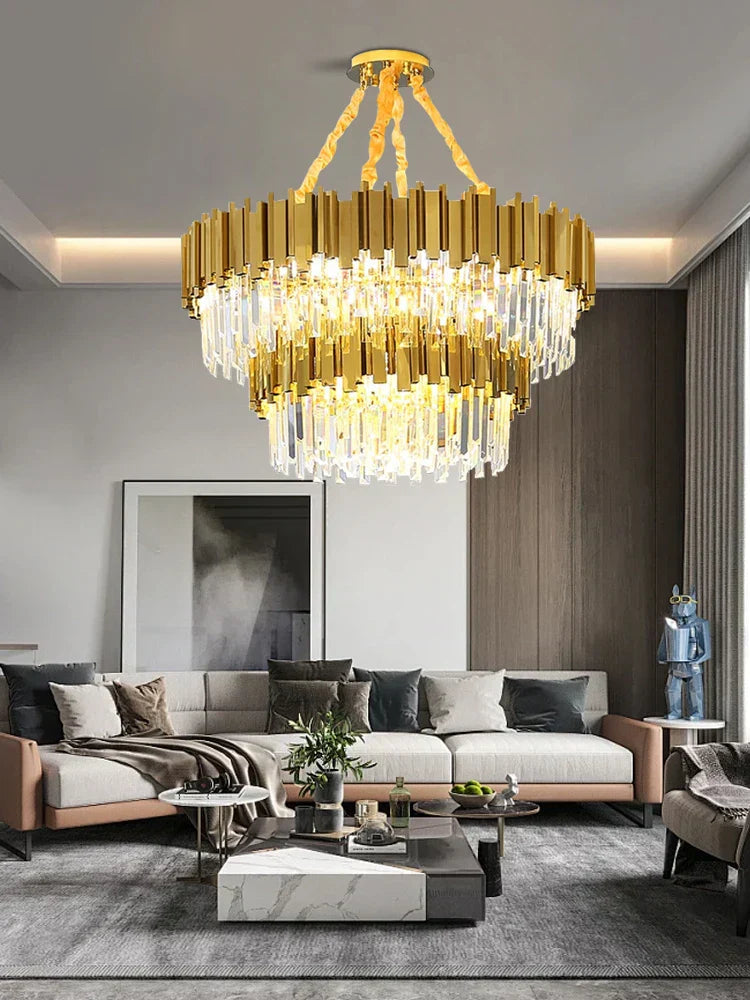 ثريا سقف كريستال K9 ذهبية من DecorBites™، إضاءة فاخرة لغرفة المعيشة وغرفة النوم مع إمكانية التعتيم