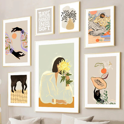 Fille Abstraite Main Fruit Fleur Feuille Vase Mur Art Toile Peinture