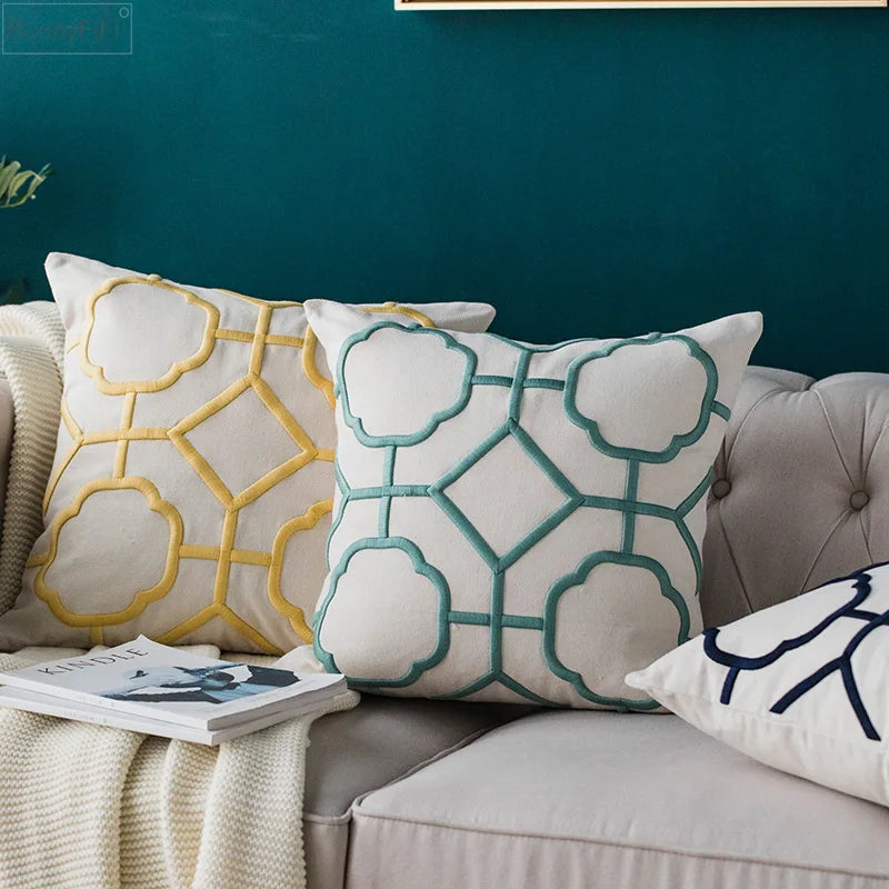 DecorBites™ Geometric Embroidery Cushion Cover Navy Blue White Yellow 50x50cm Home Decor Pillow