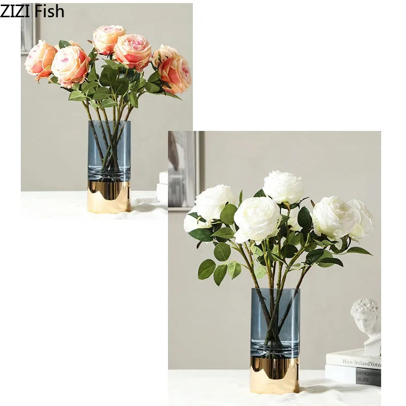 DecorBites™ مزهرية زجاجية ذهبية، ديكور مكتبي شفاف، وعاء زهور هيدروبونيك للترتيبات الزهرية