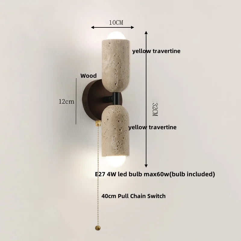 DecorBites™ LED Wall Light Fixture Travertine Stone Wood Canopy Bedside Lamp