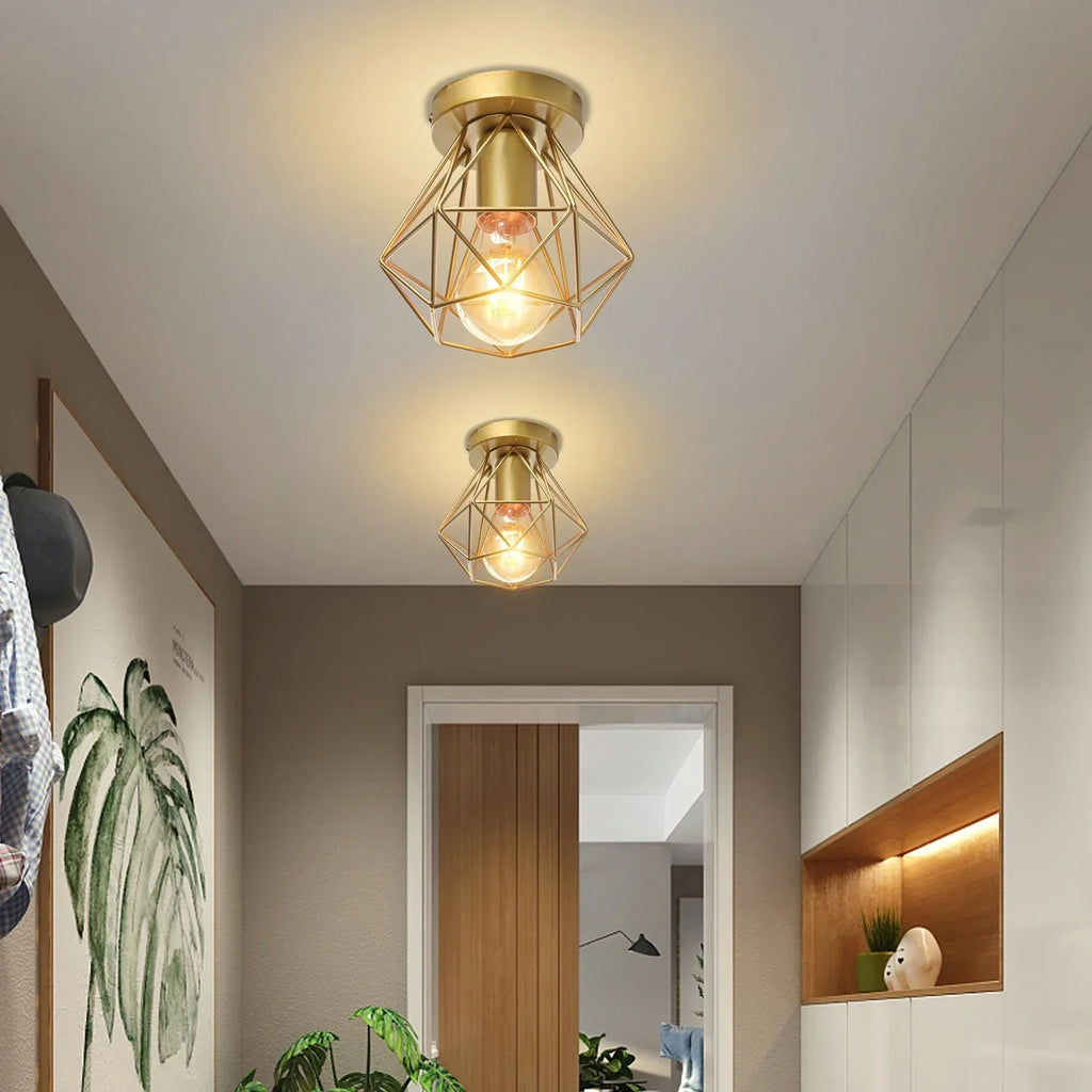 DecorBites™ Gold Iron Cage Ceiling Light مصباح سقف قفص حديدي ذهبي للديكور الاسكندنافي الحديث بتصميم عتيق E27