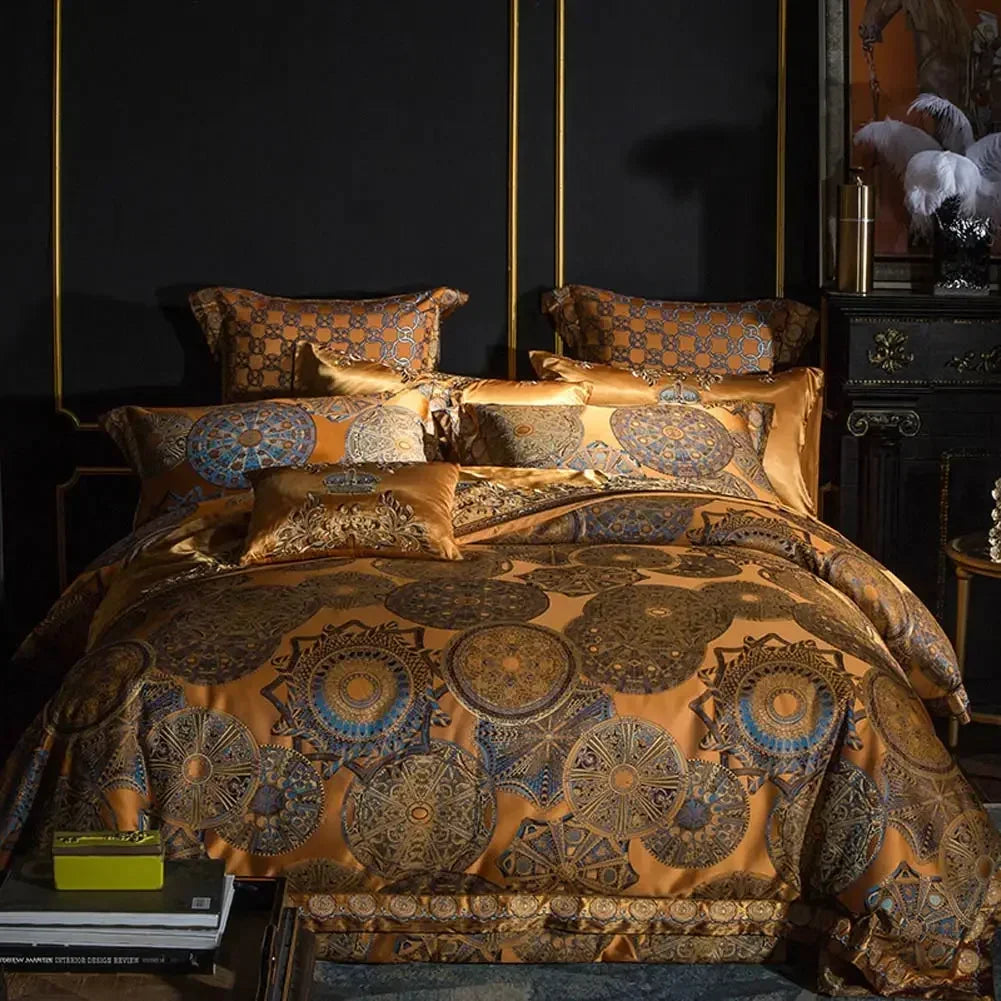 DecorBites™ Golden Jacquard Baroque Bedding Set Queen King Size Linens - Sheet Pillowcase Comforter Cover