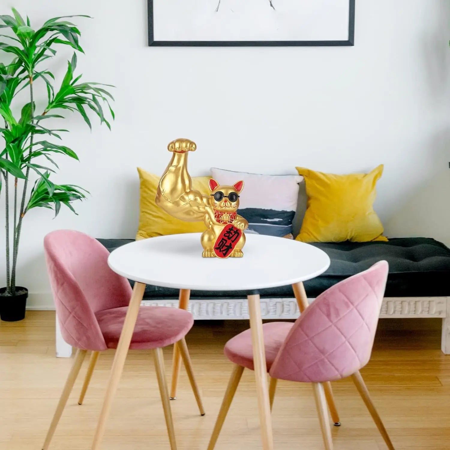 DecorBites™ تمثال قطة الحظ ذو الذراع العضلية الكبيرة من الراتنج لتزيين المنزل
