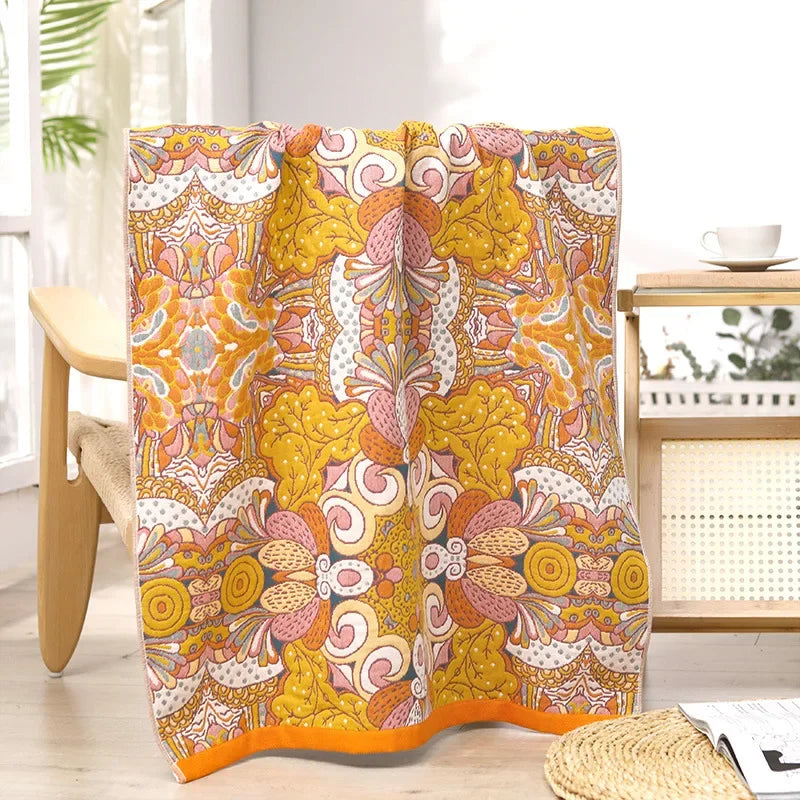 DecorBites™ Cotton Bath Towel - Boho Floral Design - Absorbent & Quick Dry - Large Size 80x160cm