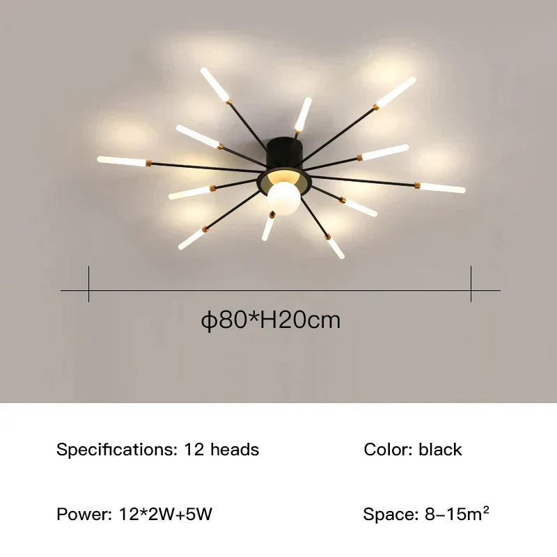 ثريا الألعاب النارية LED من DecorBites™: مصباح سقف عصري لديكور المنزل، إضاءة مطبخ سوداء
