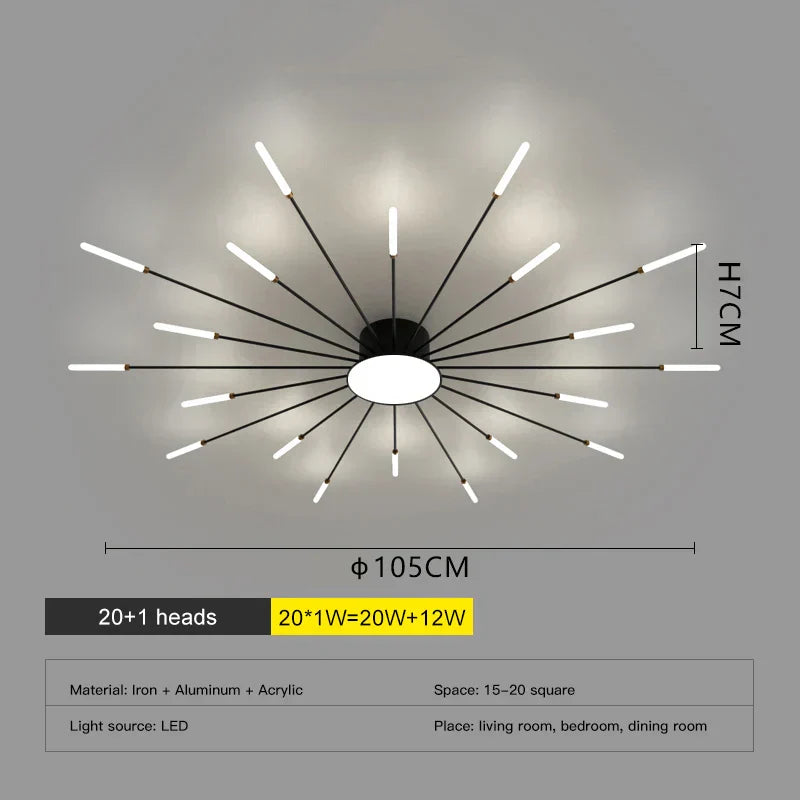 ثريا الألعاب النارية LED من DecorBites™: مصباح سقف عصري لديكور المنزل، إضاءة مطبخ سوداء