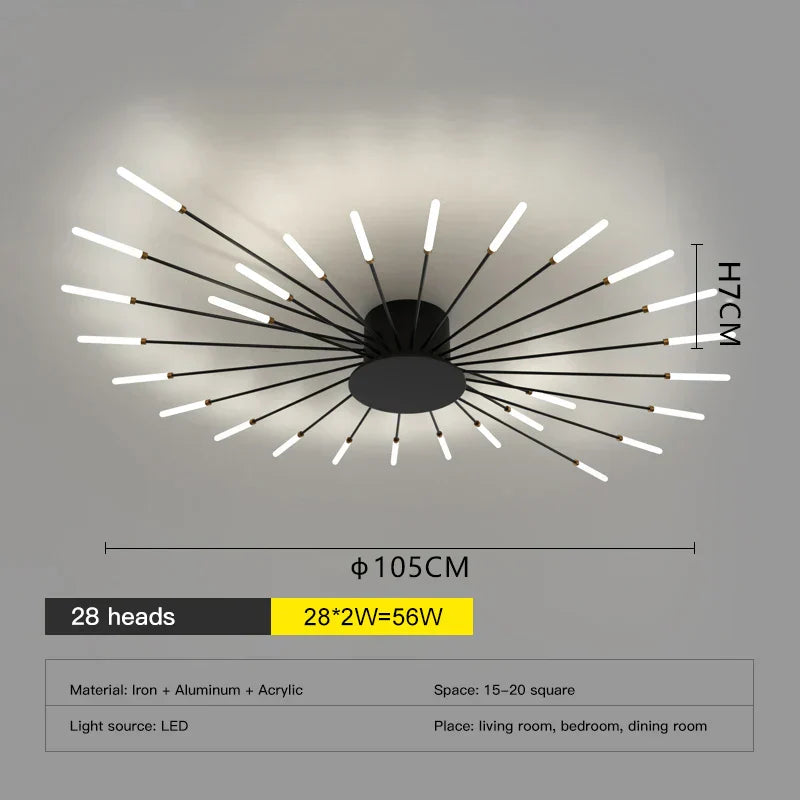 ثريا الألعاب النارية LED من DecorBites™: مصباح سقف عصري لديكور المنزل، إضاءة مطبخ سوداء