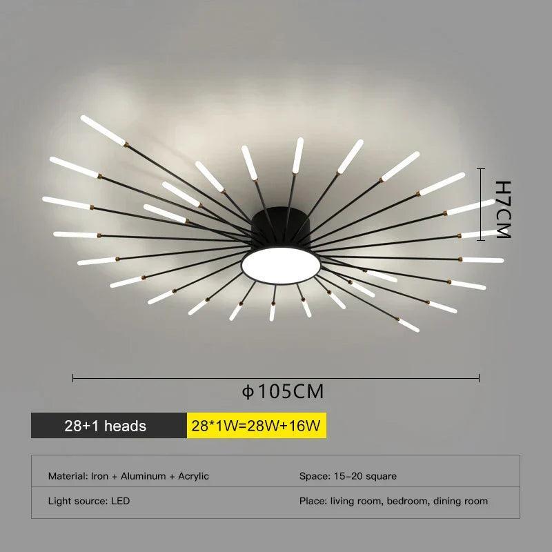ثريا الألعاب النارية LED من DecorBites™: مصباح سقف عصري لديكور المنزل، إضاءة مطبخ سوداء