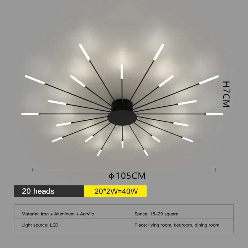 ثريا الألعاب النارية LED من DecorBites™: مصباح سقف عصري لديكور المنزل، إضاءة مطبخ سوداء