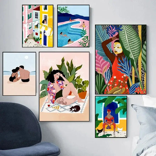 DecorBites™ abstract beach body canvas print featuring vibrant colorful tropical home decor with bold stylized patterns