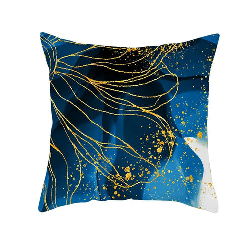 Housses de coussin abstraites bleu encre et bordure dorée pour salon