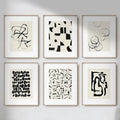 Set of six decorbites™ beige abstract canvas poster prints in minimalist black and cream with light wood frames
