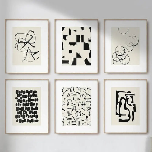 Set of six decorbites™ beige abstract canvas poster prints in minimalist black and cream with light wood frames