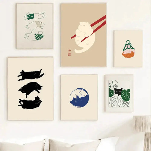 Set of six minimalist DecorBites™ abstract lazy cat canvas wall art with soft beige backgrounds and colorful illustrations
