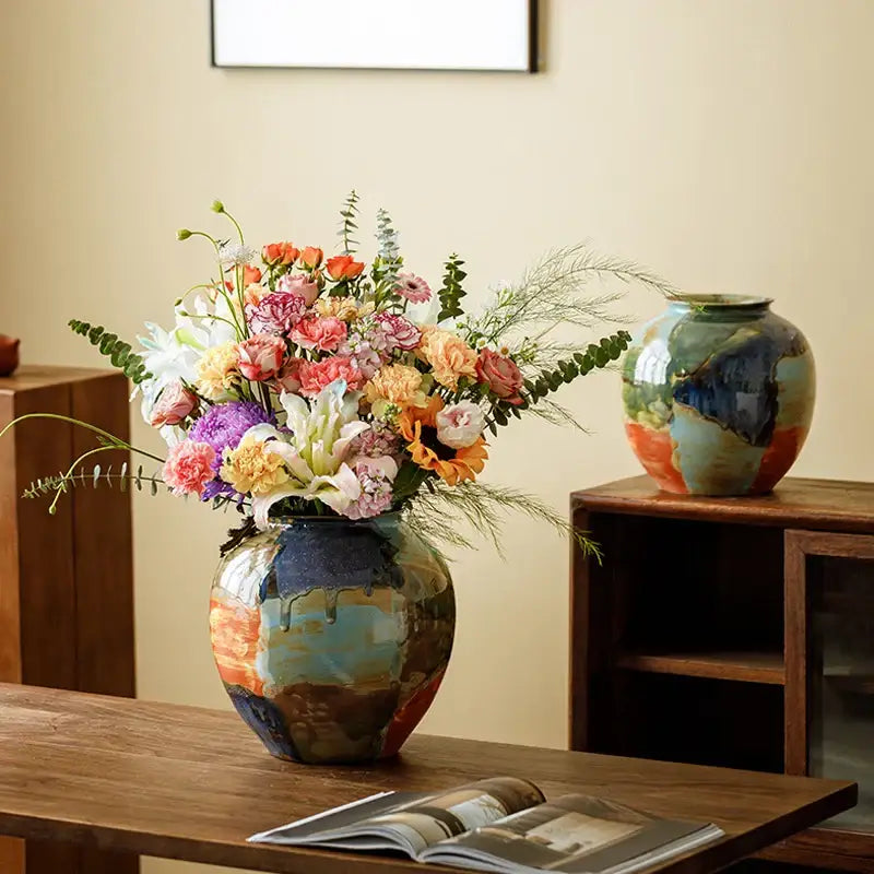 Abstract floral design hand-painted ceramic vase living room decor