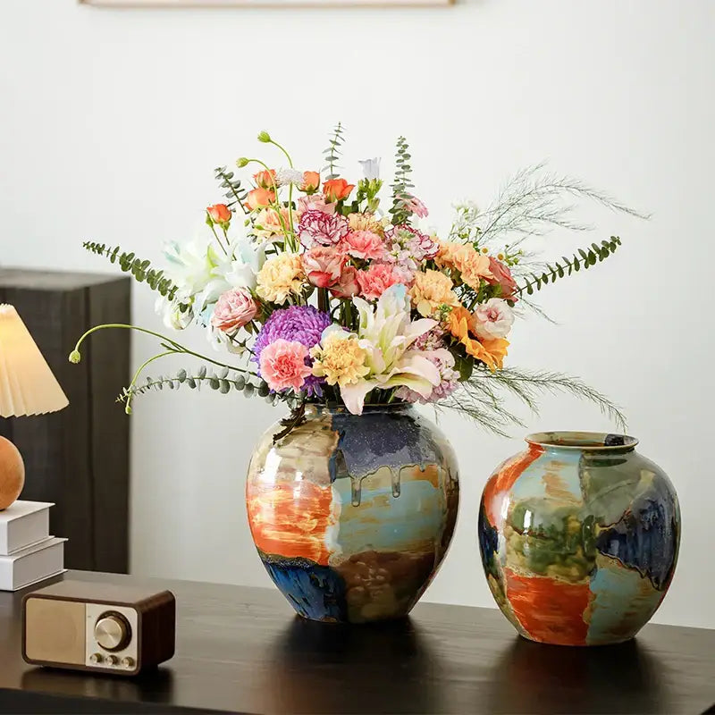 Abstract floral design hand-painted ceramic vase living room decor