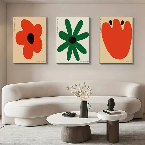 DecorBites™ abstract flowers wall art print canvas decor with bold red and green petals on neutral wall background