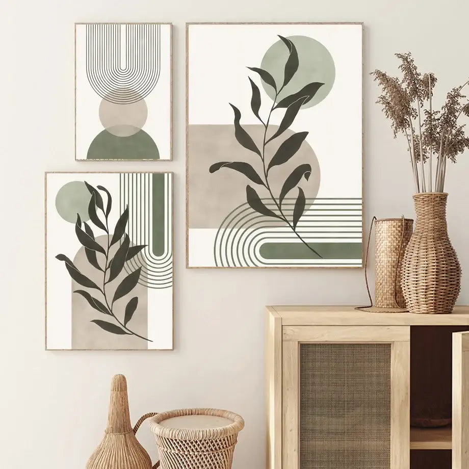 Three framed abstract geometric canvas paintings with minimalist botanical designs in muted green beige black and white tones wall art