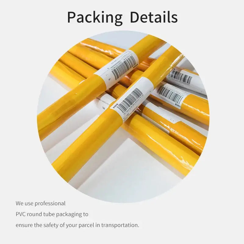 Yellow pvc round tubes wrapped in clear plastic with white barcode labels for decorbites™ abstract programmer gamer wall art