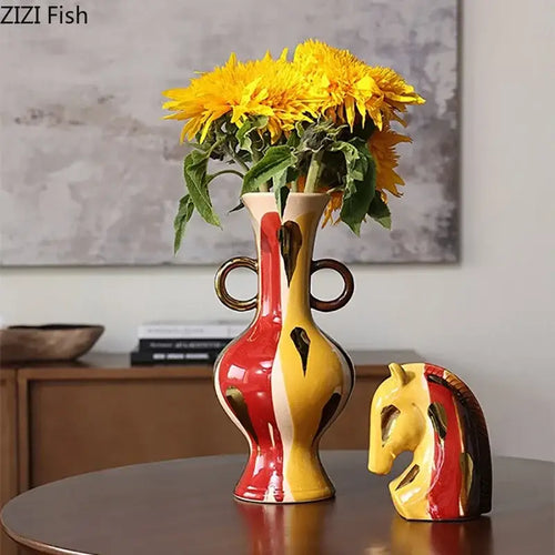 Vase en céramique jaune et rouge abstrait pot de fleurs décoration de salon