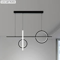 Modern black and white geometric acrylic pendant light fixture with circular and rectangular led elements for island lighting bulb base compatible