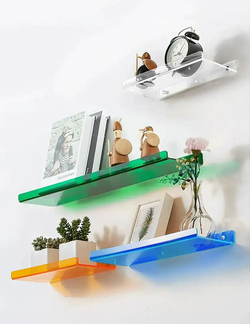 Decorbites™ acrylic wall shelf organizer with clear floating shelves in vibrant green blue and orange for home decor