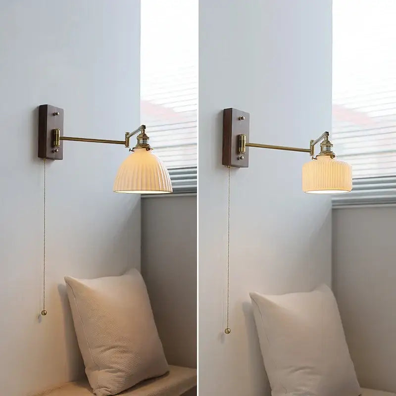 Adjustable brass wall sconce with ribbed glass shade bedroom light