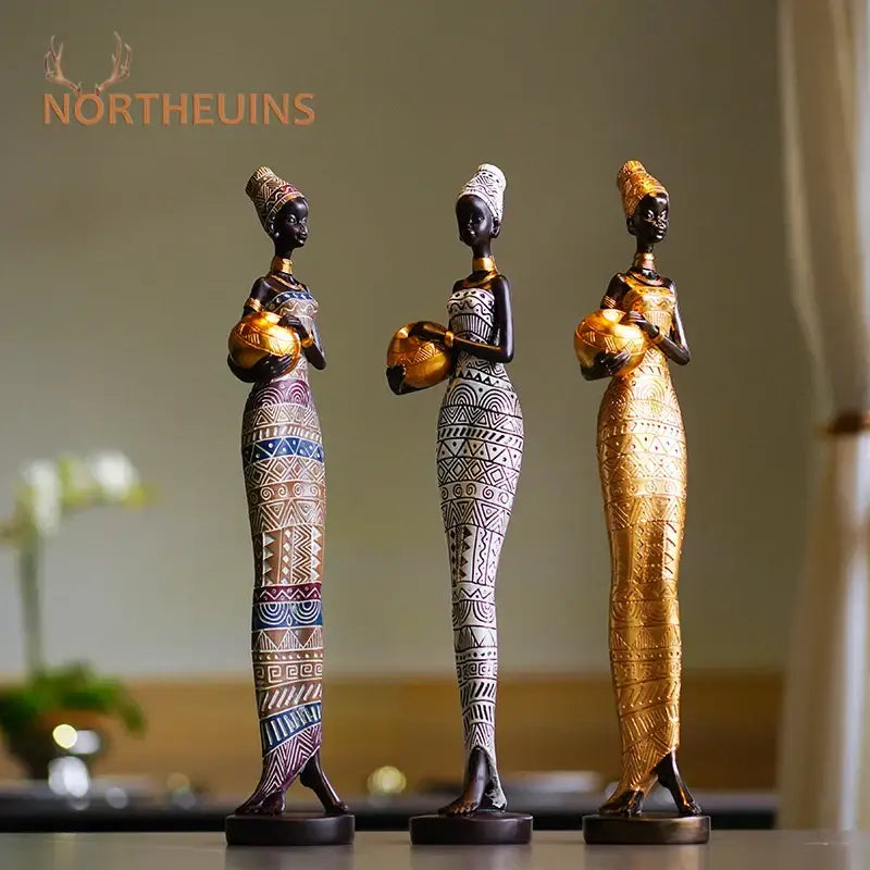 African style black woman resin figurine living room decor gold accents
