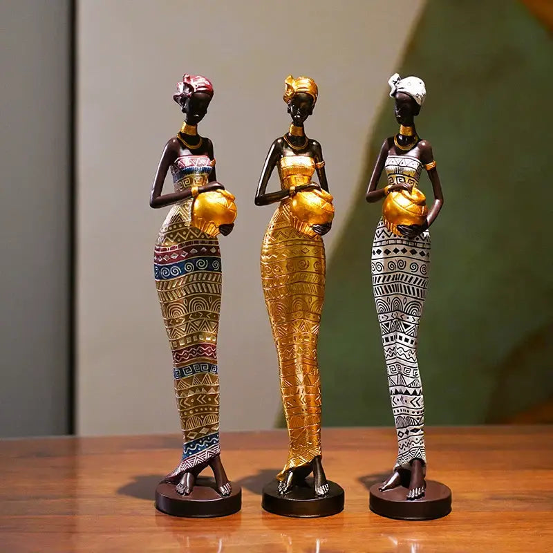 African style black woman resin figurine living room decor gold accents