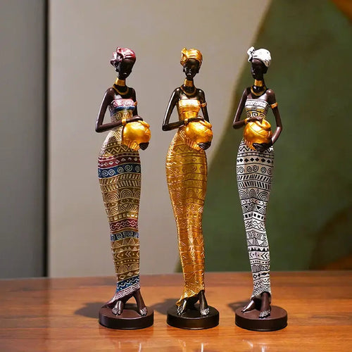 Figurine femme noire style africain en résine, décor de salon, accents dorés