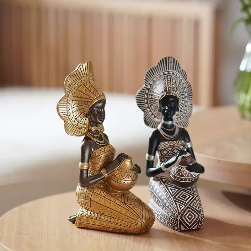 African style black woman resin figurine living room decor gold accents