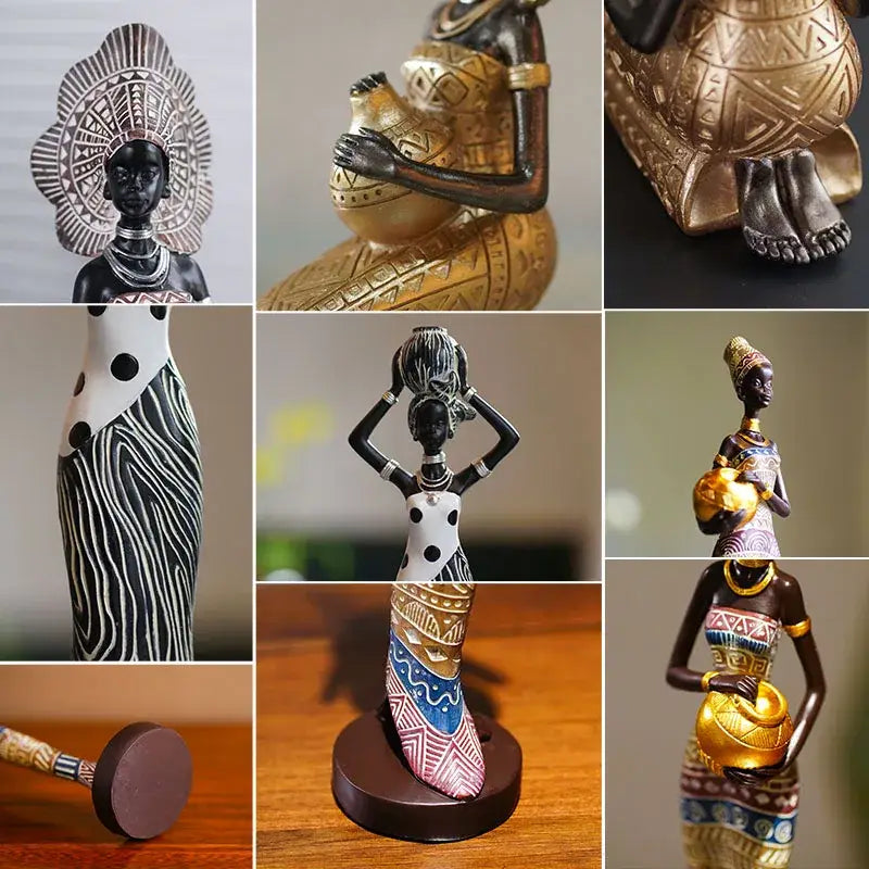 African style black woman resin figurine living room decor gold accents
