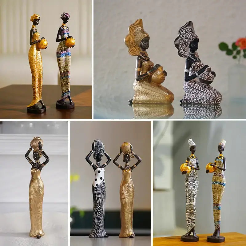African style black woman resin figurine living room decor gold accents