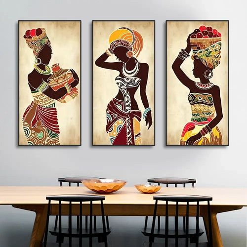DecorBites™ african black woman canvas wall art set with vibrant patterned silhouettes in framed canvas paintings