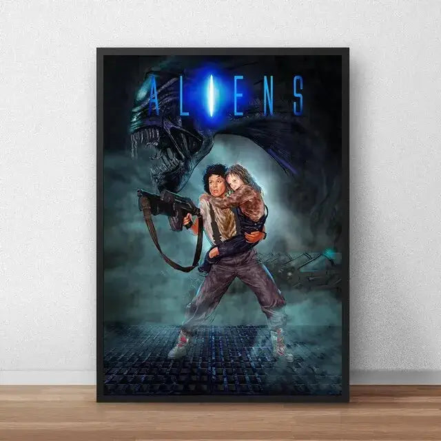 Black-framed DecorBites™ alien movie poster canvas painting featuring a dark toned dramatic scene with glowing blue lettering