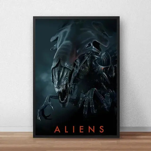 Black-framed DecorBites™ alien movie poster canvas painting featuring menacing dark gray alien with sharp teeth
