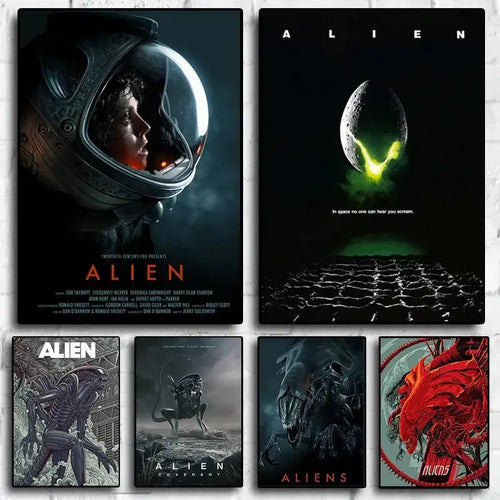 Black and white alien movie poster canvas painting with astronaut helmet and glowing orange eyes by decorbites