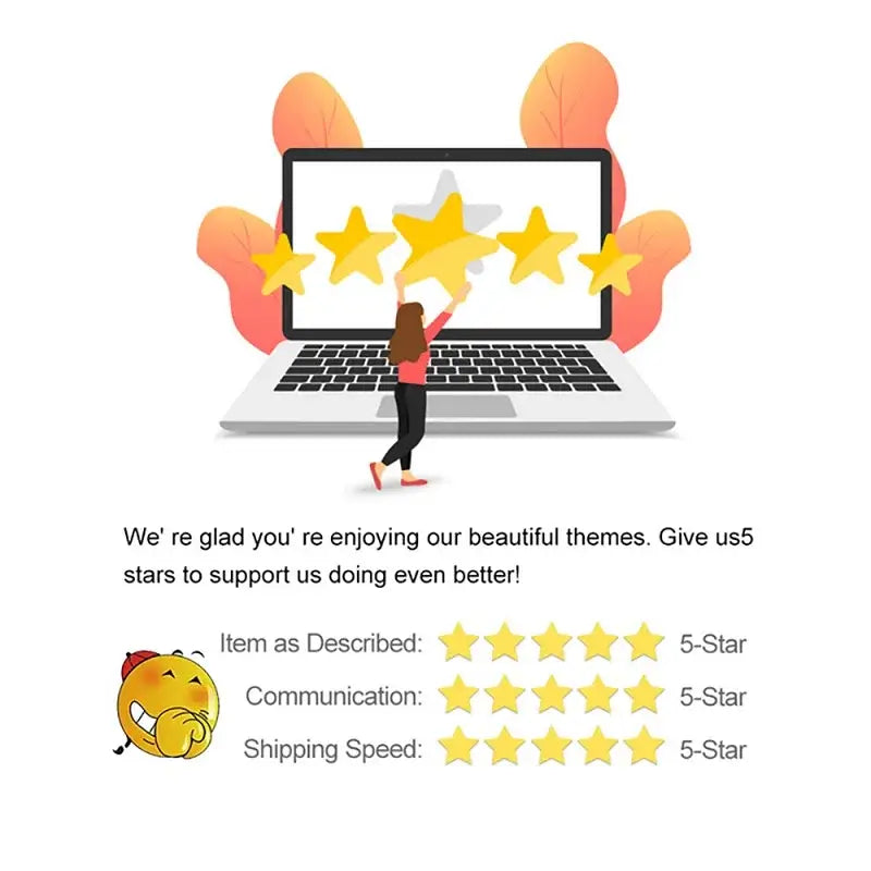 A cartoon woman stands before a laptop showing five stars next to a DecorBites™ alien movie poster canvas painting