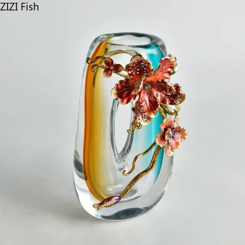 Vase en verre dégradé ambre et bleu à motif floral en relief – Décoration de salon