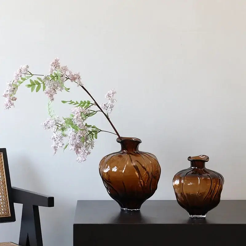 Amber brown wavy grain glass pumpkin vase living room decor