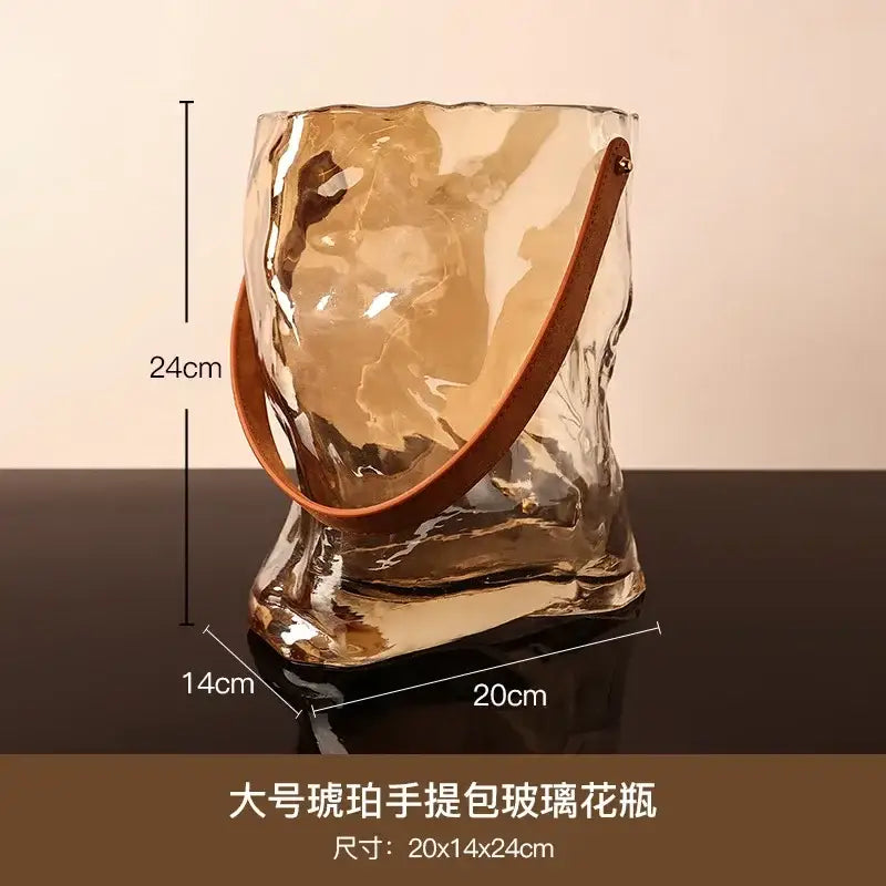 Amber crinkled bag shape glass vase living room decor