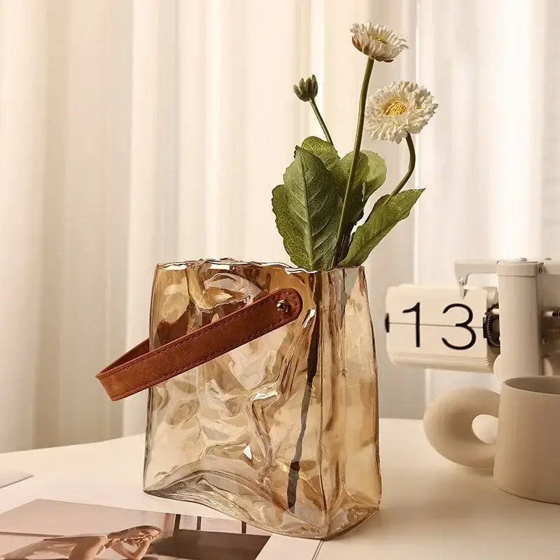 Amber crinkled bag shape glass vase living room decor