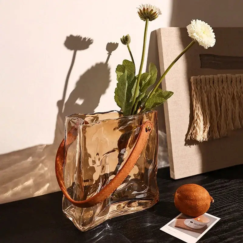 Amber crinkled bag shape glass vase living room decor