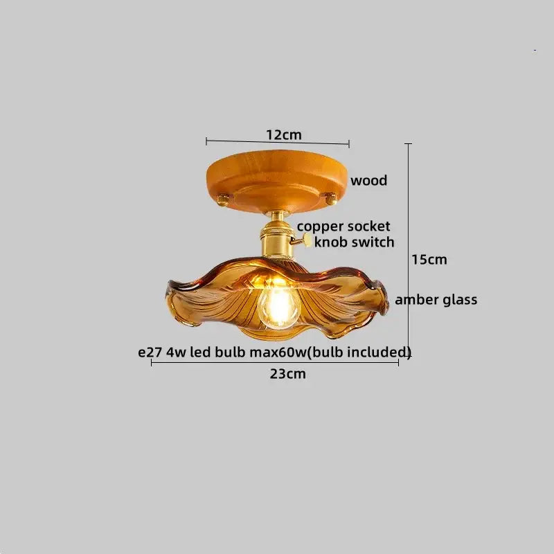 Amber leaf brass glass ceiling lamp bedroom light fixture