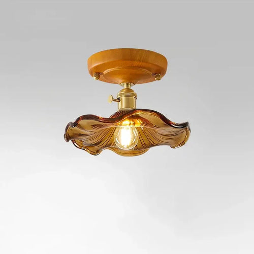 Plafonnier en verre laiton feuilles d'ambre luminaire chambre