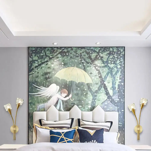 Angel with umbrella forest wall art e12 framed decor featuring an angel with white wings holding a yellow umbrella in rain