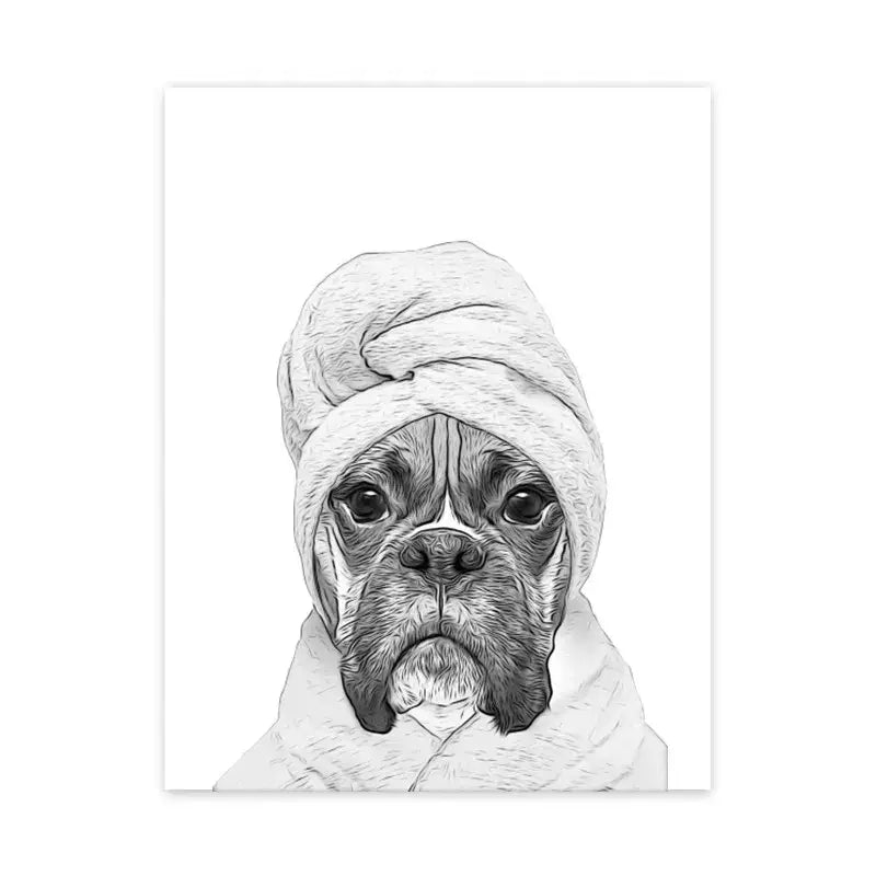 Black and white canvas painting of a boxer dog wrapped in a towel for funny bathroom toilet paper decor