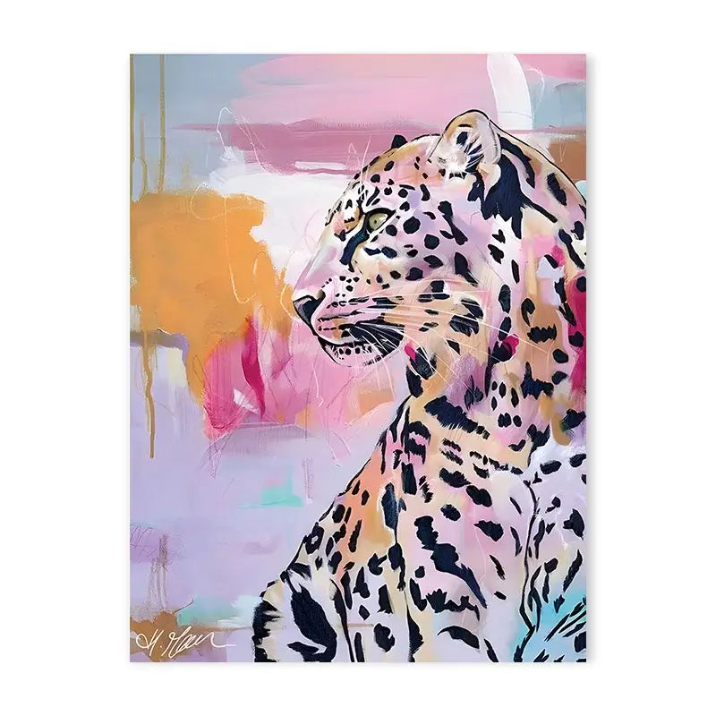 Decorbites™ canvas painting of a vibrant leopard with bold black spots on a pink and peach background for bathroom decor